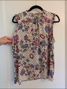 LOFT Ivory Floral Print Sleeveless Top with Teal and Pink Accents